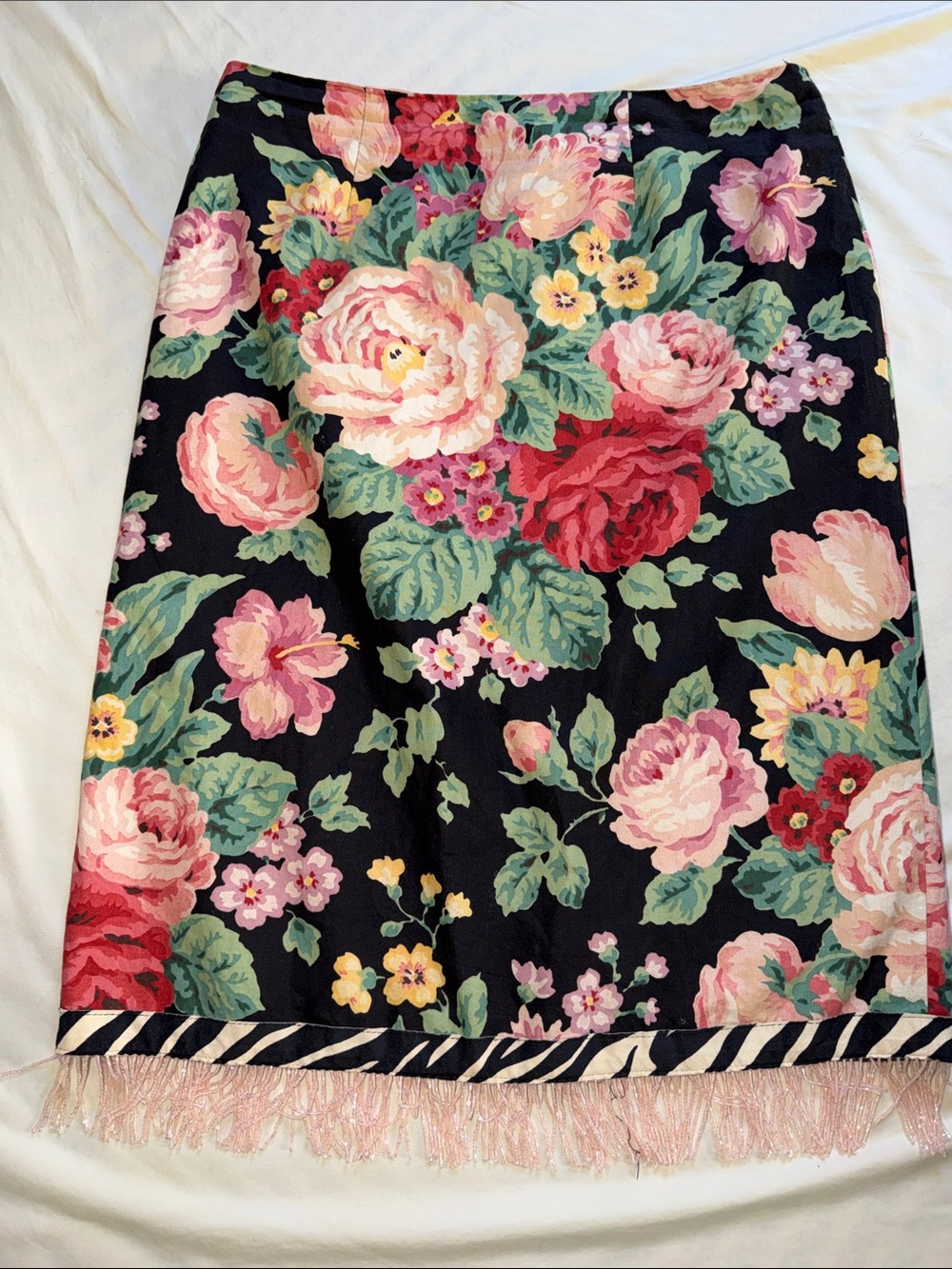 Mica Floral Beaded Fringe A-Line Skirt - Black with Pink & Green Floral Print